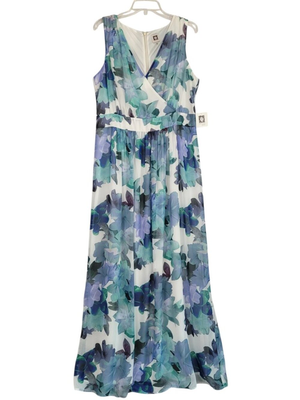 Anne Klein Maxi Dress Women's 14 Blue Multi  Floral Chiffon Event Party Wedding